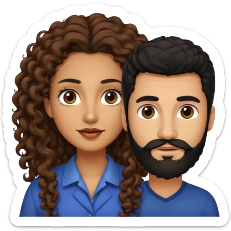 pareja de Mujer morena rizada cabello largo castaño ojos oscuros y hombre piel clara cabello negro con barba  y ojos marron sticker
