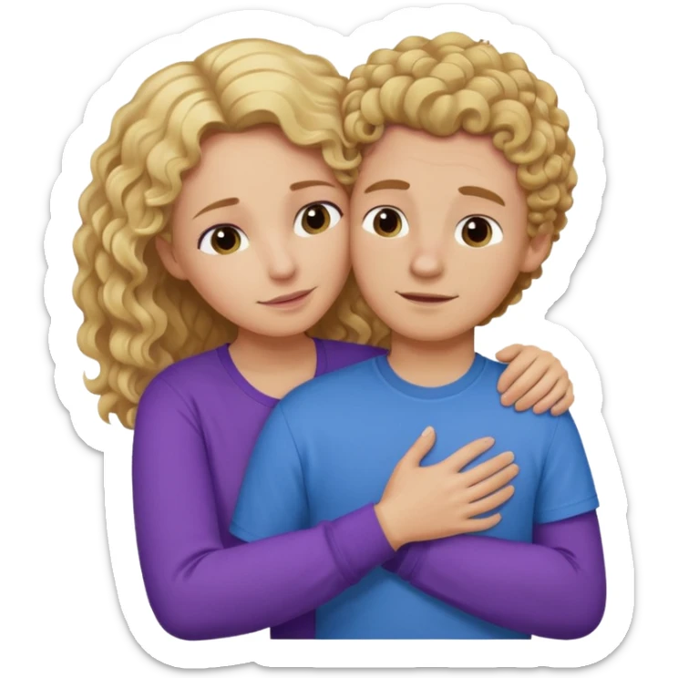 a mother with blond curly long wearing purple hugging his son with brown hair wearing blue and like saying its okay sticker