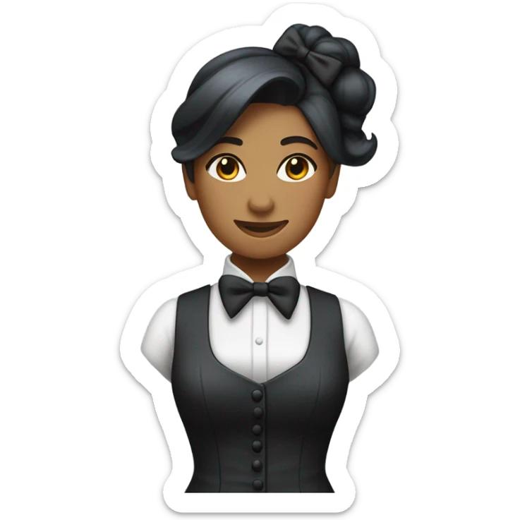 a female butler with a professional and elegant demeanor. She has her hair neatly tied in a ponytail and wears a classic butler uniform, including a tailored vest, crisp white shirt, and bow tie. sticker
