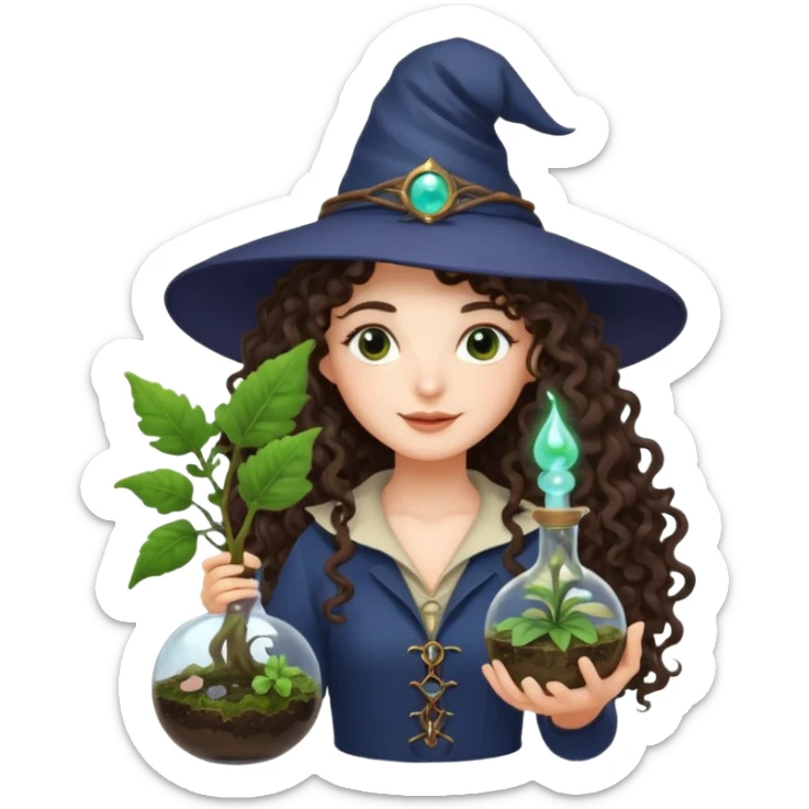 A long curly haired brunette girl with a moon witch hat, and a plant wand or plant potion terrarium sticker