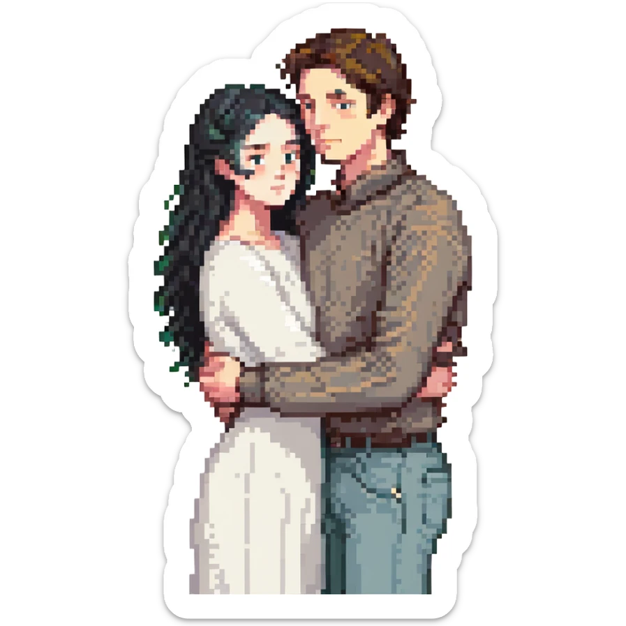 white man with brown hair and white woman with black hair, in love sticker
