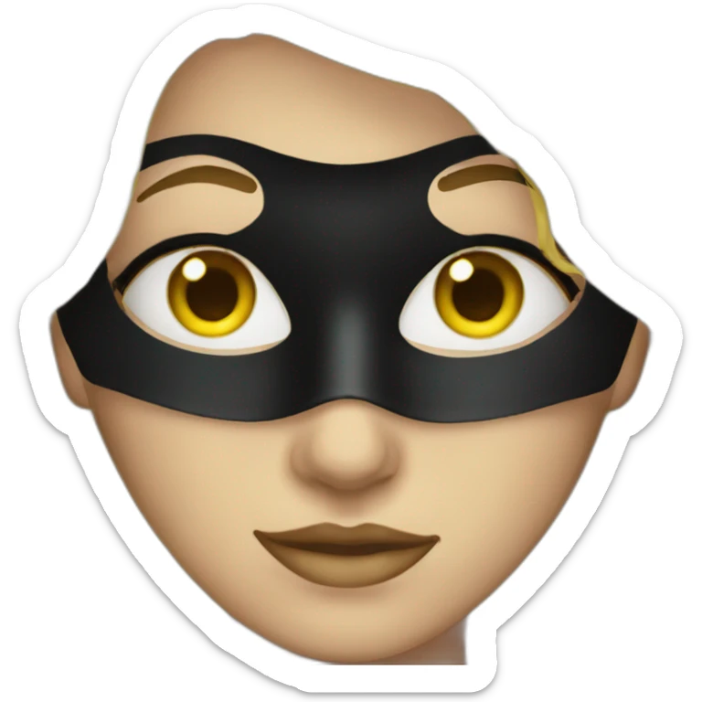 A woman wearing a black mask, with blue eyes and yellow hair sticker