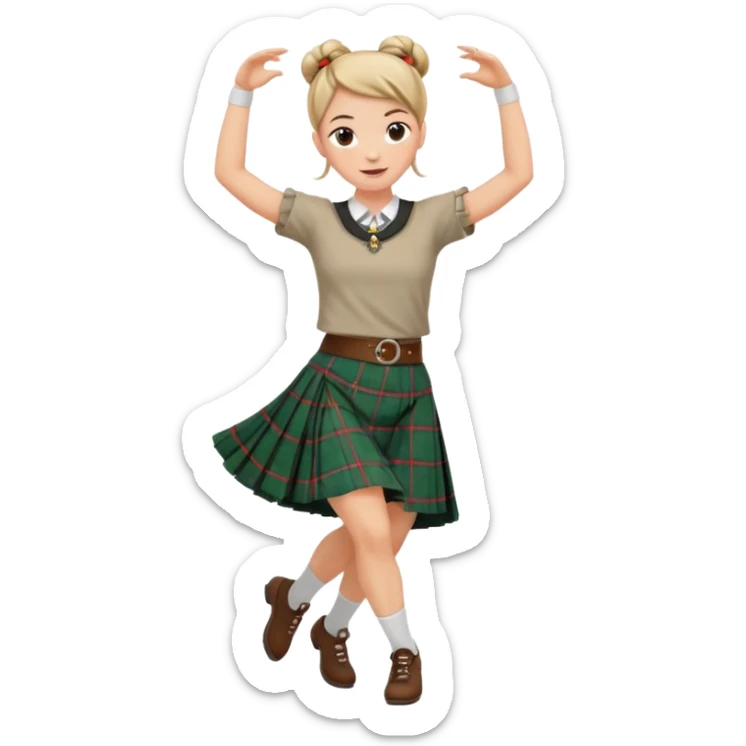 Female highland dancer with hair in bun wearing kilt and dancing sticker