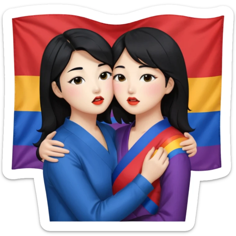 Korean lesbians, kisses and Let them both have black hair, kiss each other, have a lesbian flag on their cheeks, be sweet, dress openly, have open waists  sticker
