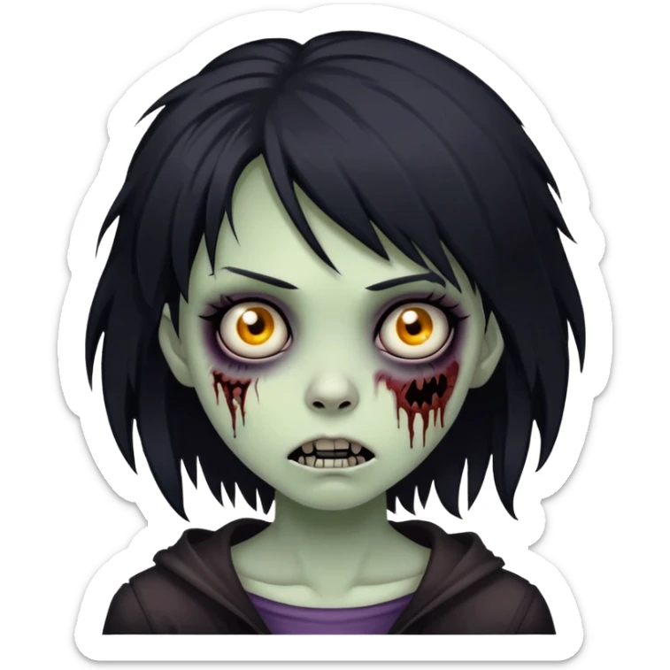 girl zombie with black medium-long shaggy emo hair, dark and spooky, creepy expression sticker