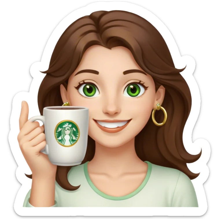 Long, Brown haired girl with middle hair part, green eyes, gold hoop nose ring, smiling, waving with one hand, coffee mug in the other sticker
