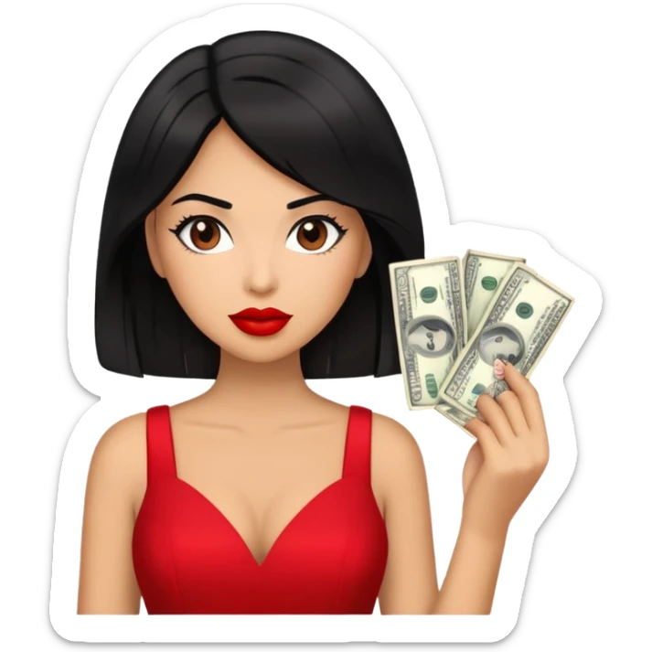 A grown woman wearing a red dress , red lipstick , black hair while holding dollars sticker