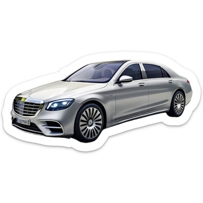 Mercedes-Benz S-Class (2022) – cinematic-realistic Mercedes-Benz S-Class emoji, its sleek silver body cutting through the city streets, a symbol of refinement and prestige. The air suspension glides over uneven terrain, while the driver enjoys the serene comfort of the cabin, surrounded by cutting-edge technology. sticker