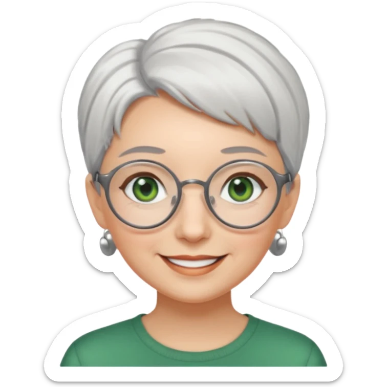 visage femme a lunettes ronde avec cheveux courts gris-blancs aux yeux verts qui souris sticker