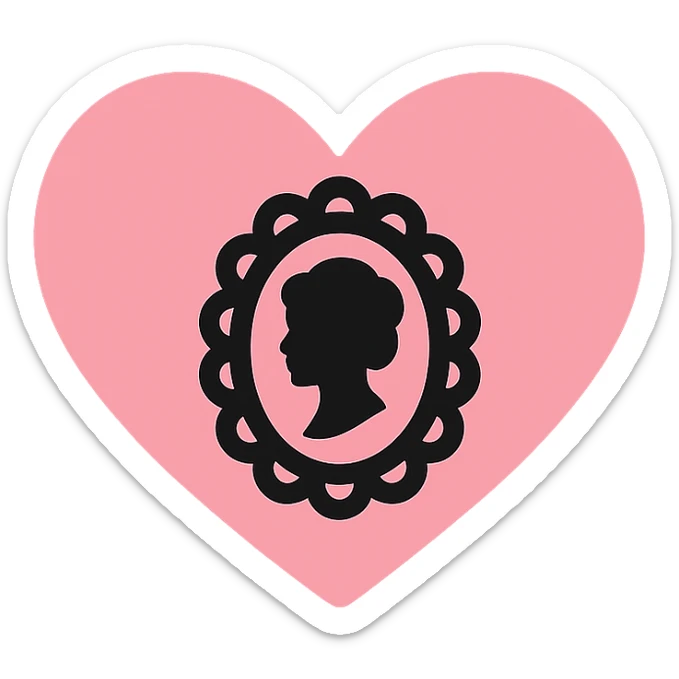 gothic heart with a black lace cameo, color icon filled style, pink and black sticker