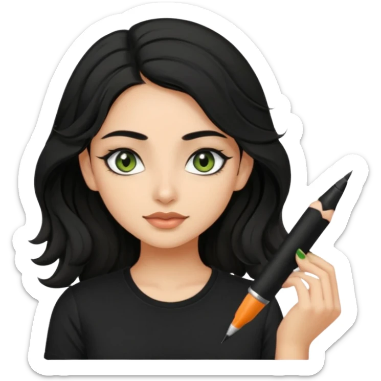 a pretty FAIR indian bratz girl with wavy black hair, wearing a black tshirt. eyeliner on, olive green eyes.  sticker