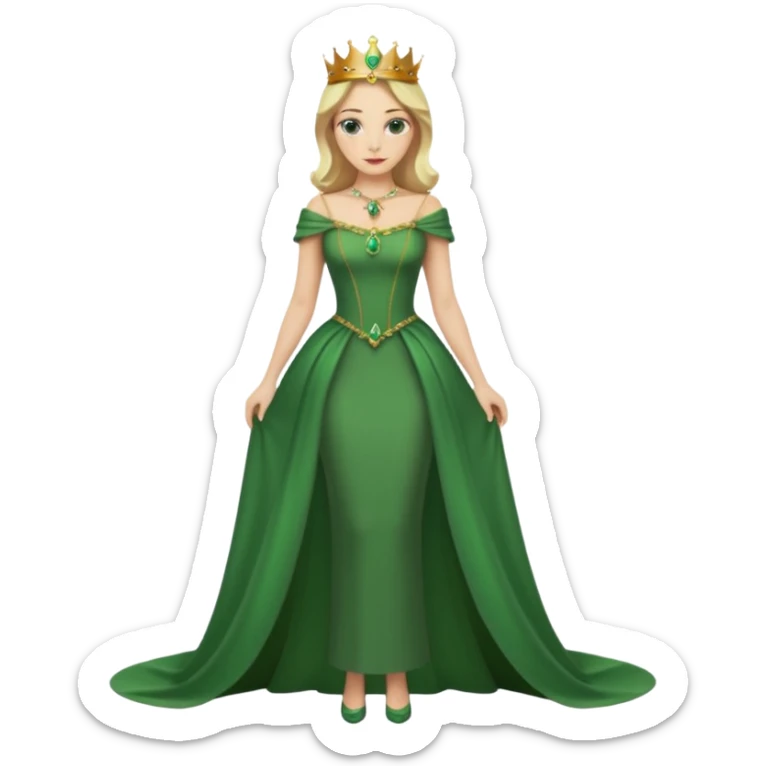 Queen, crown, blonde hair, green eyes, long green tight dress, whole Body, sticker