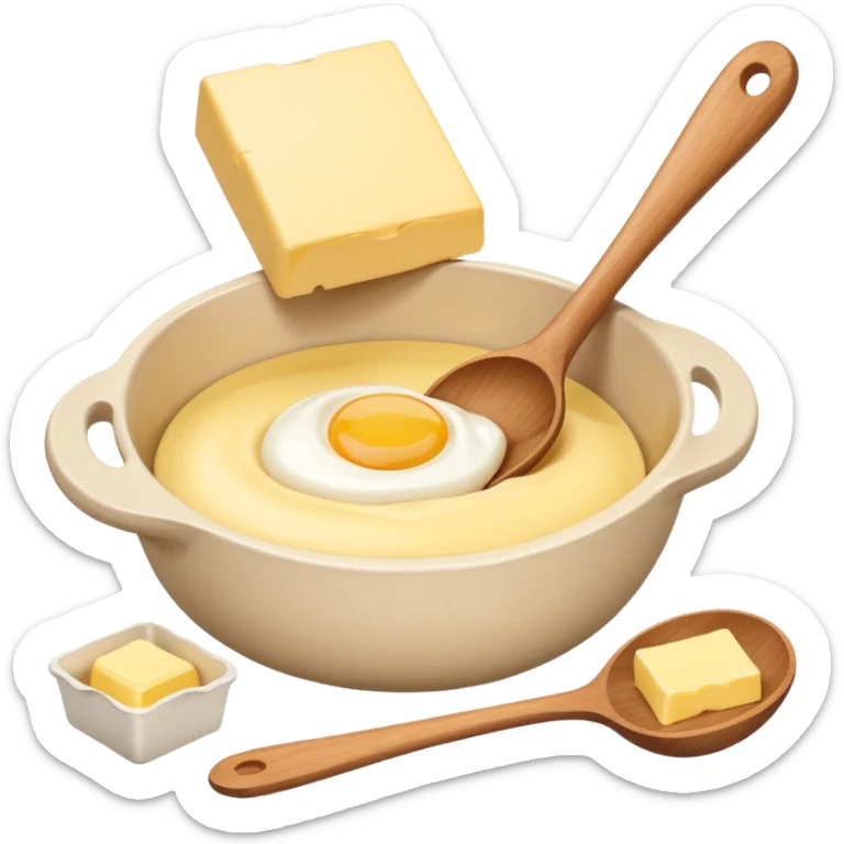 A cream ceramic baking bowl with a wooden spoon in it, next to it is a carton of eggs and butter sticker
