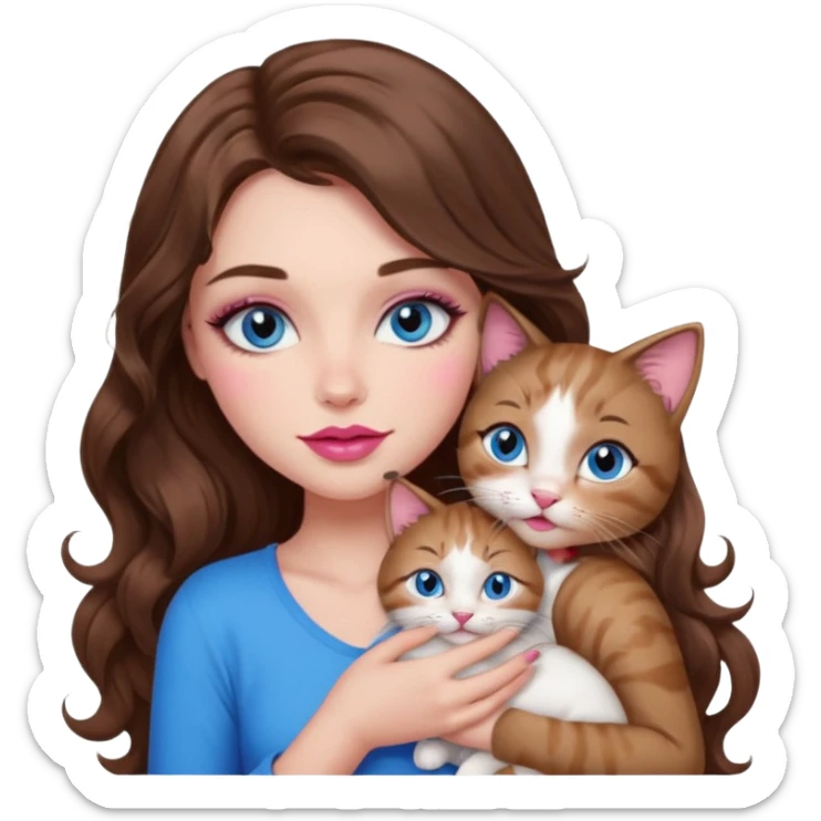 girl with long wavy brown hair, blue eyes, long lashes makeup, sexy pink lips, cuddling with 6 cats sticker