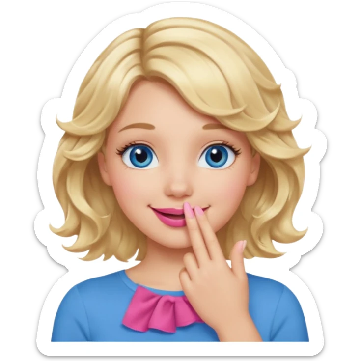 Girl Blonde short wavy hair,  blue eyes, cute blue top, long lashes, pink lips, smiling, hand covering the mouth sticker