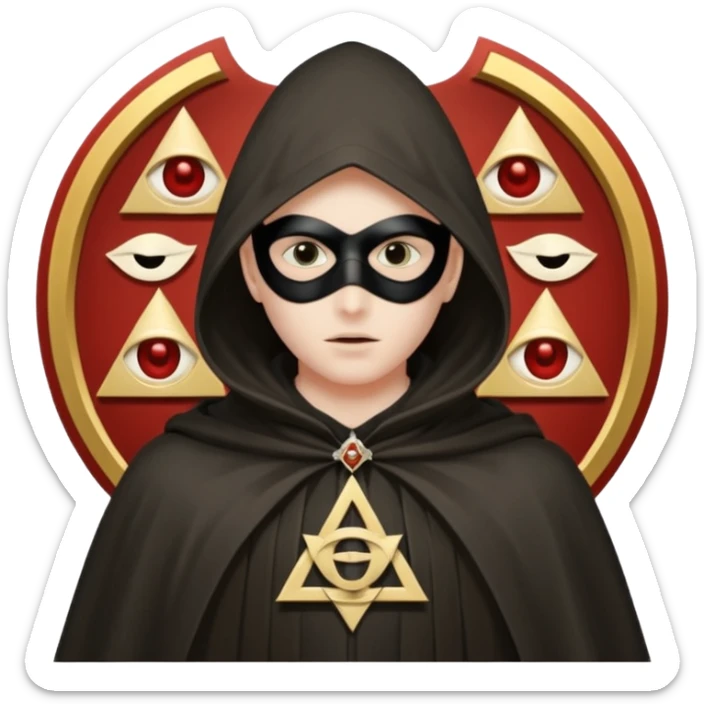 masked person in a cloak, surrounded by faint symbols of secrecy and the Illuminati sticker