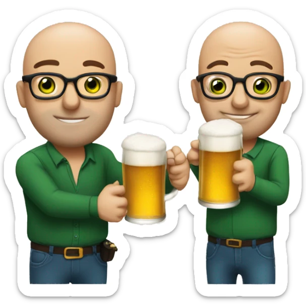 2 men, one bald and one with green eyes dark hair and glasses, kissing and holding a beer sticker