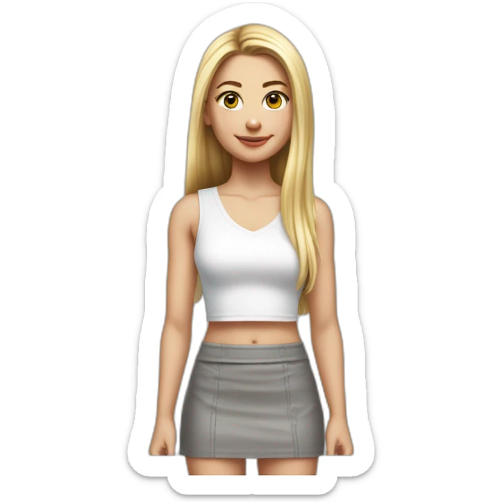 hyperrealist caucasian girl, long straight blonde hair, white v-neck laced crop tanktop, grey tight micro skirt sticker
