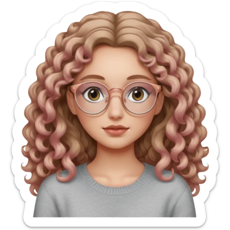 aesthetic white girl with dark blonde, long curly hair and black eyes  , light grey sweater top and rose gold glasses sticker