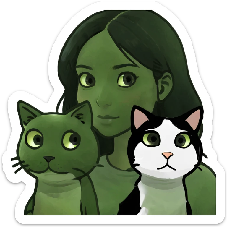 beautiful girl with balck hair and her calico cat sticker