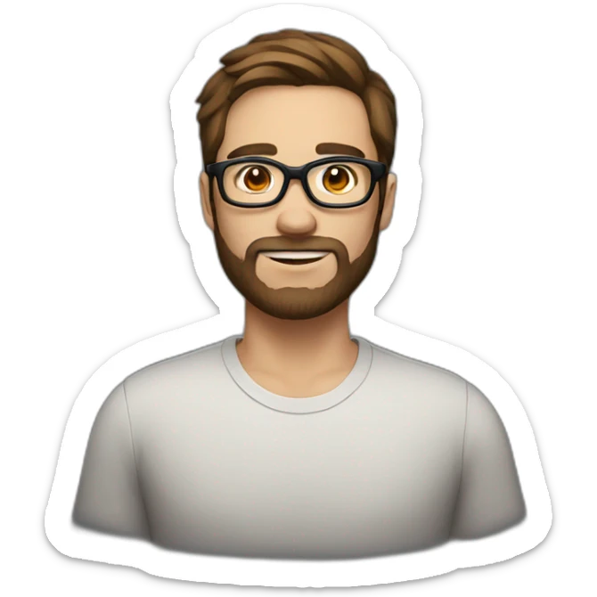 Male, with brown hair and brown beard, thick eyebrows and black sight glasses sticker