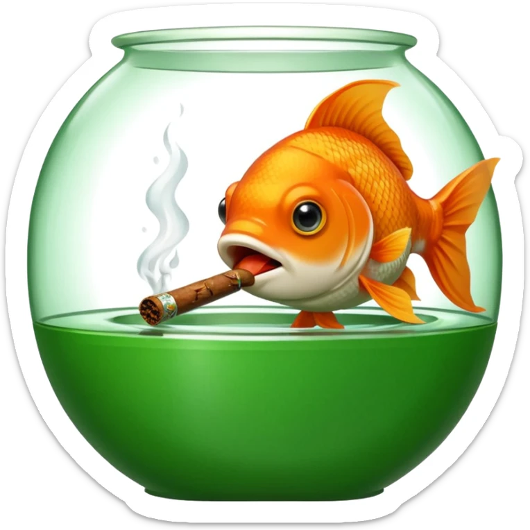 goldfish in a green tank hatch, holding a cigar in its mouth, iOS emoji style sticker