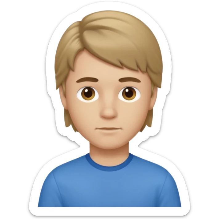 boy with dark blonde hair in a mullet with a neat blue shirt sticker