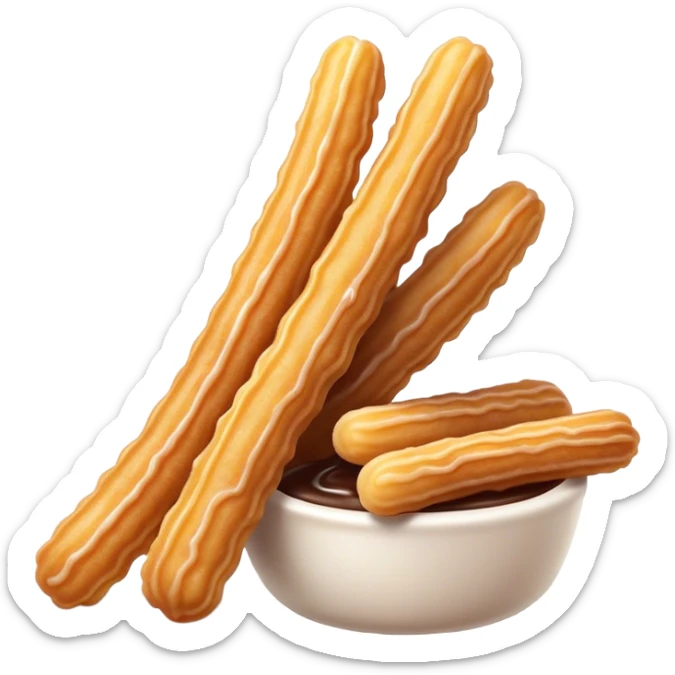 Cinematic Realistic Churros Dessert Emoji, showcasing crispy, golden-brown fried dough sticks dusted with sugar rendered with lifelike detail and warm, inviting lighting. sticker