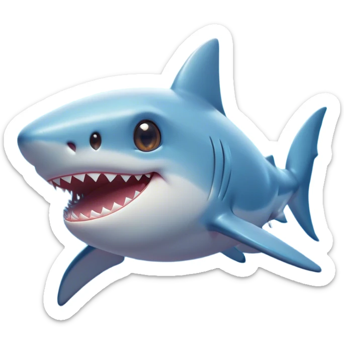 Cinematic Cute Shark Portrait Emoji, Head tilted playfully and inquisitively, featuring a glossy, streamlined body with a subtle shimmering hue and round, sparkling eyes filled with curious charm, Simplified yet irresistibly adorable features, highly detailed, glowing with a warm, friendly glow, high shine, affectionate and sleek, stylized with a touch of marine whimsy, bright and endearing, soft glowing outline, capturing the essence of a mischievous yet loving shark, so playful it feels like it could swim out of the screen into your arms! sticker