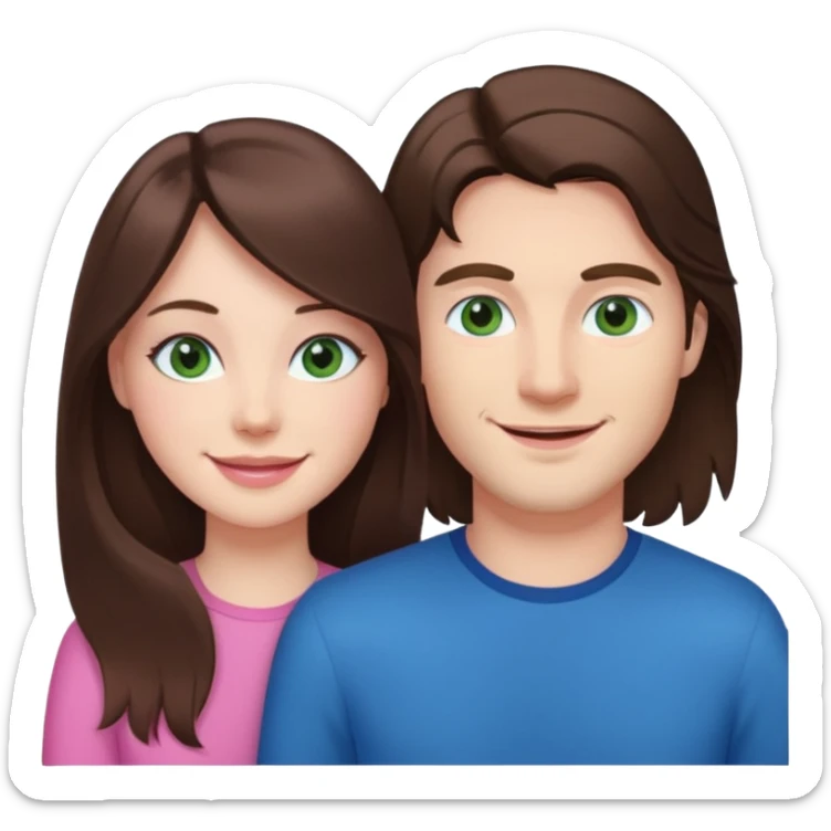 pink polaroid photo of a couple thats white with long brunette hair blue eyes and a white guy with brunette hair and green eyes sticker