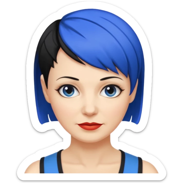 reife frau, vierzig Jahre alt kein kind! freche extreme schwarze Kurzhaarfrisur eine Seite wirklich fast keine Haare andere Seite mit blauer Strähne kurze Seite noch viel kürzer sticker