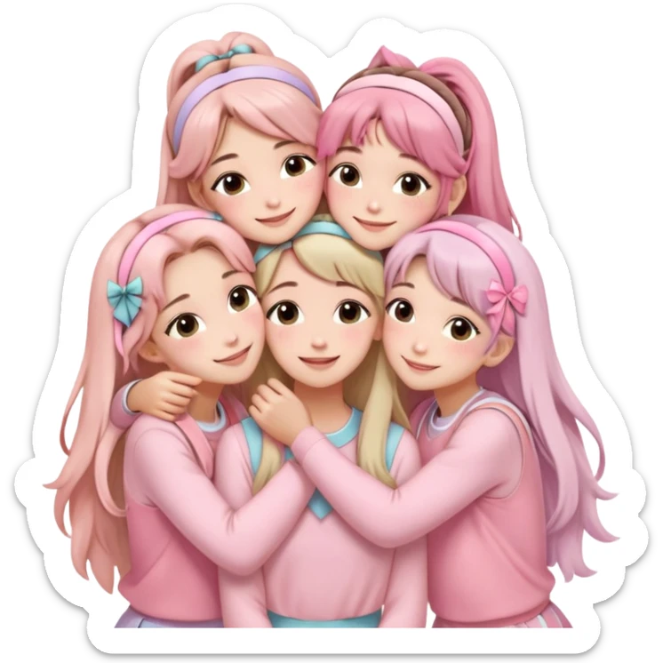 Four girls hugging each other, all wearing soft pink clothes, two with long hair and two with shoulder-length short hair, smiling, with hair accessories like headbands or ribbons, pastel color palette, soft shading, make someone pose with two fingers and someone kisses his cheek sticker
