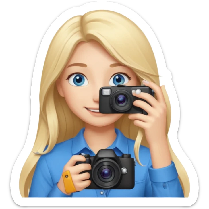  blue eyes blonde girl photographer cartoon taking picture in middle of taking picture camera in front of face long hair smiling funny flash professiona sticker