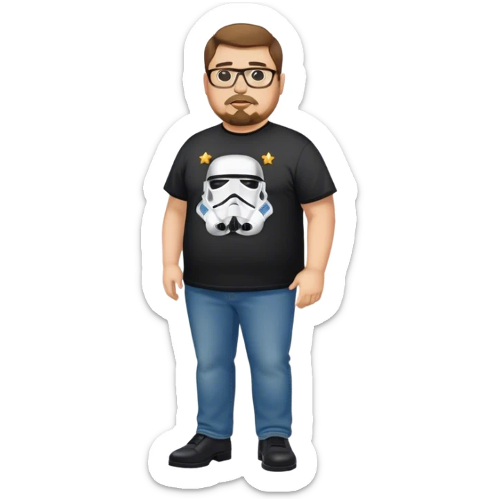 overweight Caucasian man, brown hair, goatee, glasses wearing a star wars t-shirt, jeans and black dress shoes.  sticker