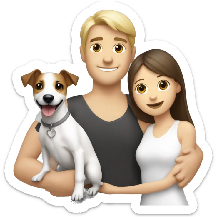 Jack Russell Terrier in the arms of a blonde girl and a brunette man  sticker