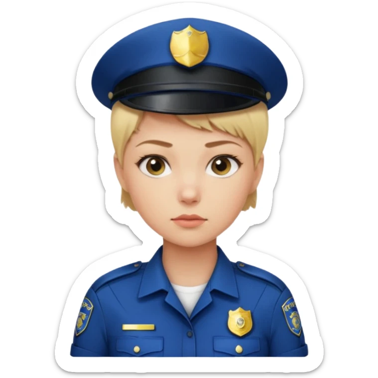 Young woman with short blonde hair, wearing police uniform sticker
