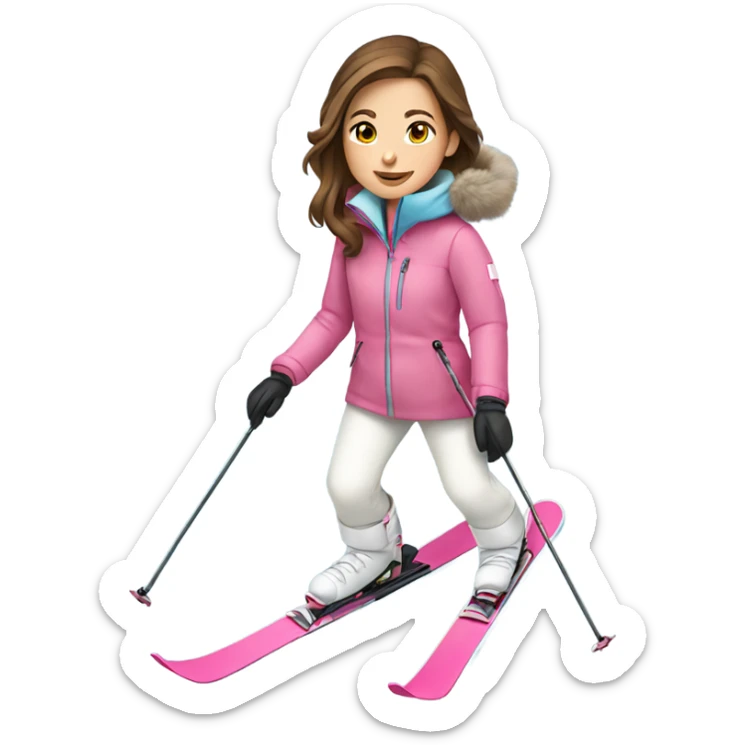 Girl with brown hair skiing with pink skis and wearing a light blue coat and white snow pants sticker