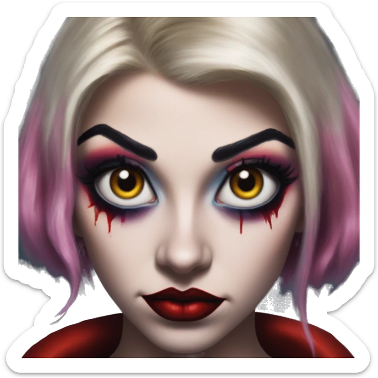 Marvel superhero in Harley Quinn style, oil paint, mysterious eyes, intricate lips, masterpiece portrait, odd perspective, beautiful, desirable, logical sticker