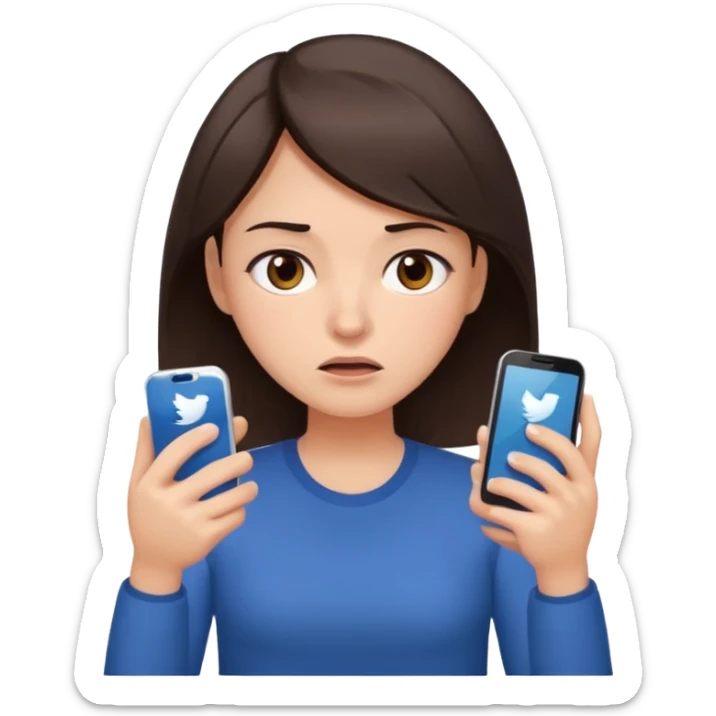 Social media manager. She has dark brown hair, brown eyes, overwhelmed expression, tired eyes, slightly stressed face,a holding a smartphone with notifications piling up sticker