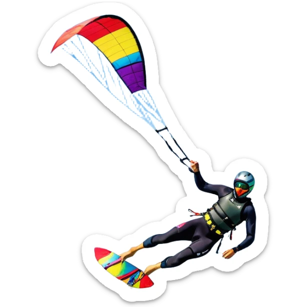 A vibrant kite soaring high in the sky, attached to a kiteboarder riding the waves below. The scene is filled with bright colors, capturing the energy of the sport. The background features the ocean, wind-blown waves, and a clear sky, showcasing the excitement and freedom of kiting. sticker