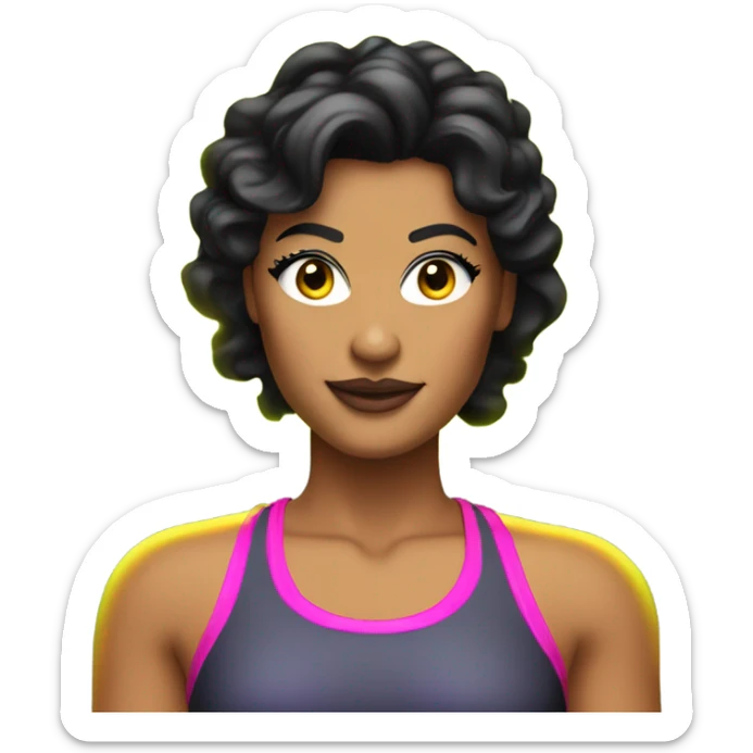 Tanned woman with black hair dressed in 1980s fitness hair, makeup, and neon attire  sticker