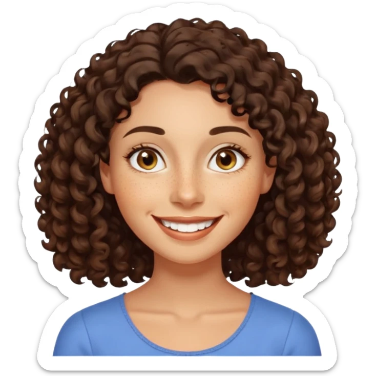 realistic emoji of a woman with dark curly shoulder-length hair, smiling broadly with visible teeth, expressive almond-shaped eyes, freckles, smooth glowing skin, friendly calm demeanor sticker