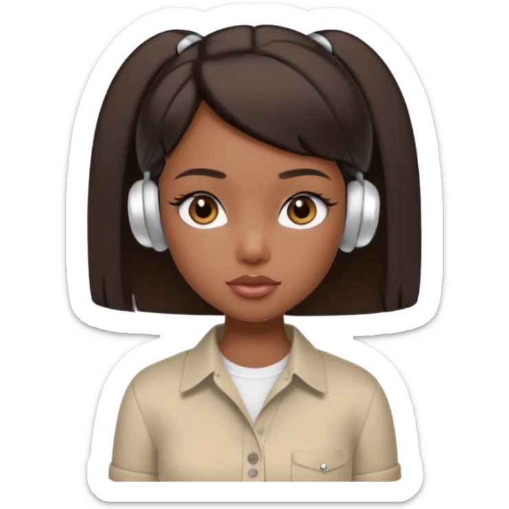 generate a pretty bratz girl with dark brown eyes. Dark brown hair straight short hair. tight beige button up shirt with top shirt open.  airpods in ear sticker