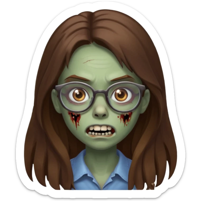 Girl zombie with brown long hair with teeth and serious face IOS style with glasses sticker