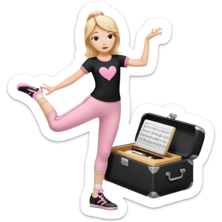 Hiphop dancer, with cute big pants, sneakers, and t-shirt. White girl blond. Coloufull shirt. No pocket pants. Dancing. Pink and black plain outfit. No sweatbands on the wrist, black music box behind her. Ballerina pose. The third on is amazing. With nothing on the shirt sticker