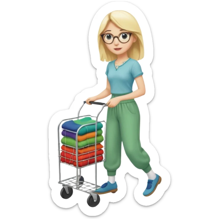 Fille blonde, pantalon d’Aladin vert. Lunettes ronde fine. Elle pousse un bac à roulette remplie de chaussettes  sticker