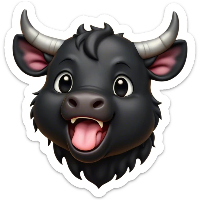 Cinematic Cute Yawning Black Bull Portrait Emoji, Head tilted slightly with a dramatic, wide-open yawn, showcasing a smooth, pure black hide with a subtle texture, floppy ears slightly drooping, round dark eyes barely open in drowsy contentment, Simplified yet irresistibly adorable features, highly detailed, glowing with a soft, cozy glow, high shine, relaxed yet expressive, stylized with a touch of rugged whimsy, bright and endearing, soft glowing outline, capturing the essence of a sleepy yet affectionate guardian, so drowsy it feels like it could charge right out of the screen and curl up for a nap! sticker