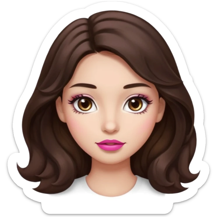 girl with wavy long dark brown hair, brown eyes, light to medium complexion, long lashes, almond shaped eyes, link lipstick sticker