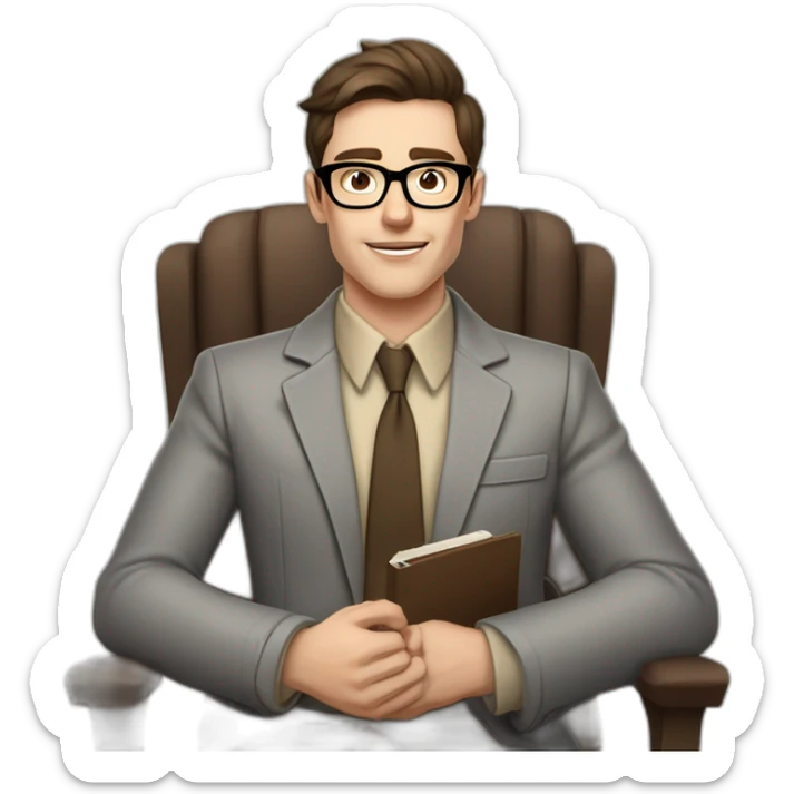 Pale skinned Fit Man With dark brown hair in gray jacket, beige office shirt, Brown pants and vintage glasses sitting In a soft chair with a notebook on spring with emblem Ψ and a pen sticker