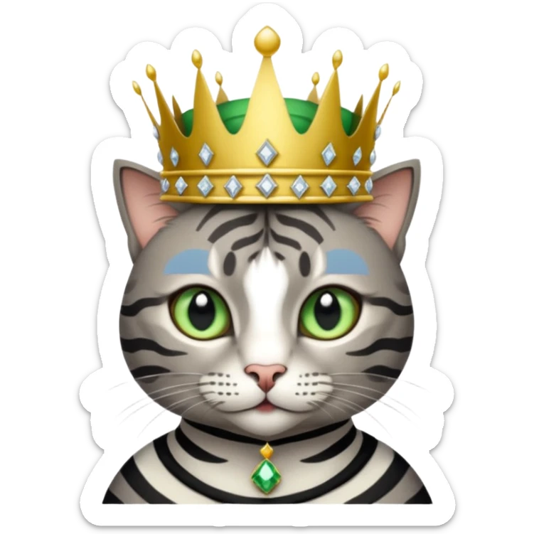 Gatito gris con rayas negras ojos verdes vestida de reina con coronas y diamantes sticker